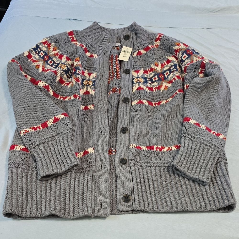 L.L. Bean Gray and Red Patterned Cardigan